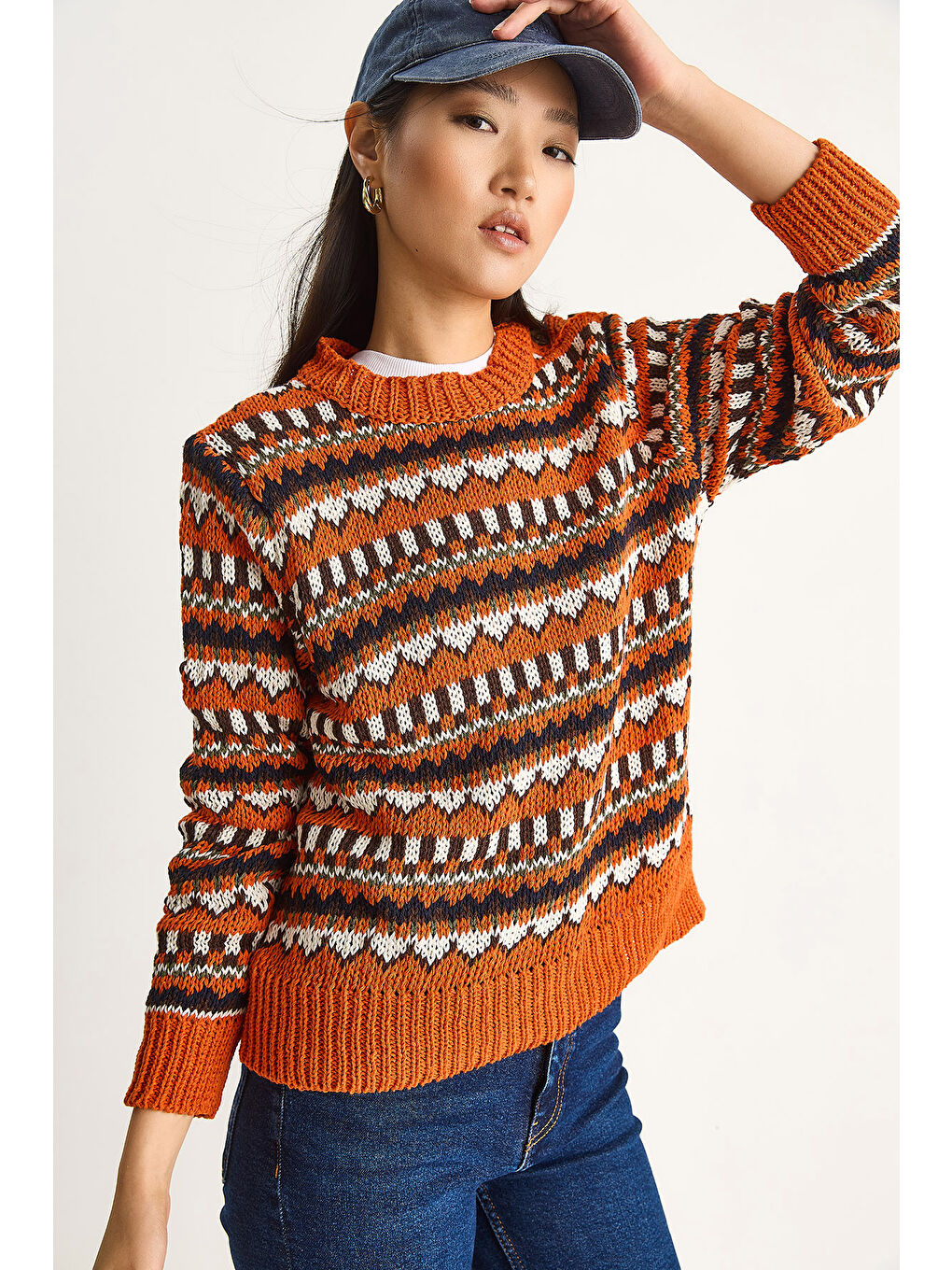 Turuncu Kadın Omuz Patlı Desenli Triko Kazak-3