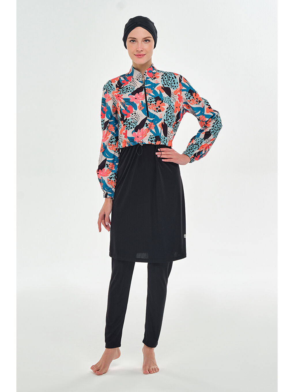 Tam Kapalı Tesettür Mayo Yarım Desenli 3401 Siyah-1