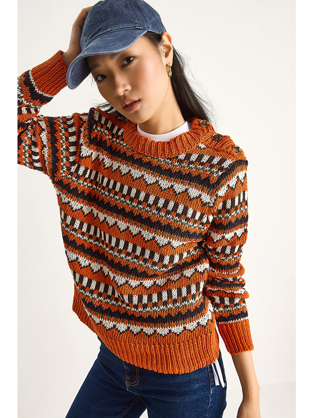 Turuncu Kadın Omuz Patlı Desenli Triko Kazak-4