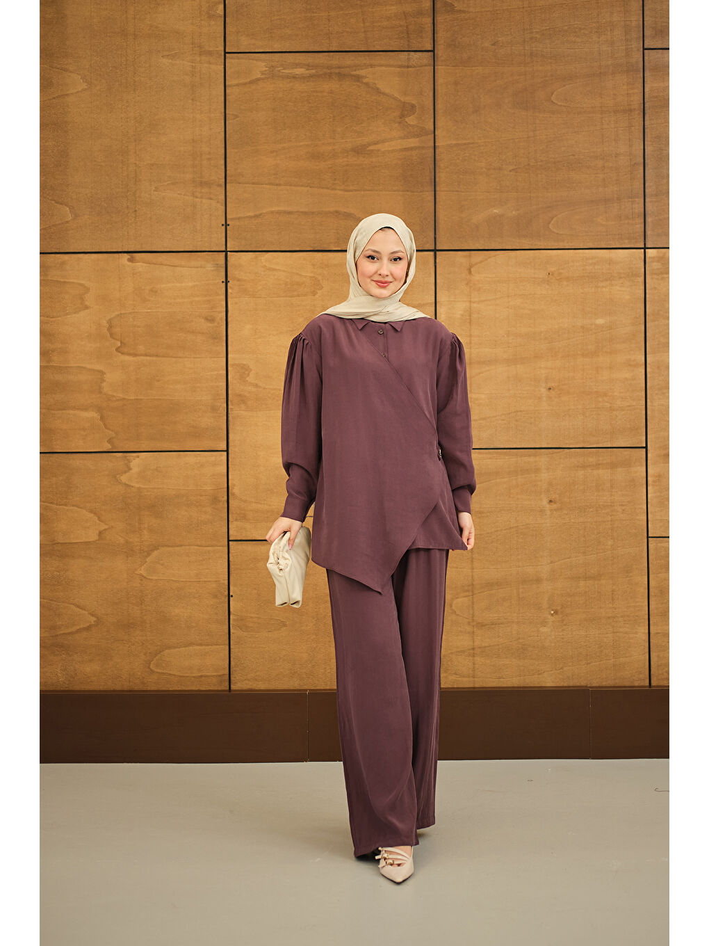 Kadın Gold Düğme Detaylı Pantolonlu Modal Takım Mürdüm-2