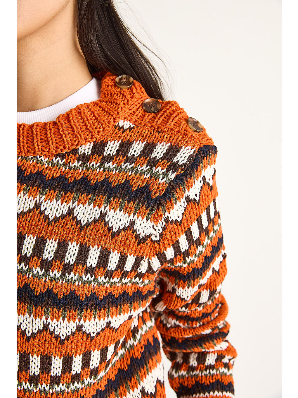 Turuncu Kadın Omuz Patlı Desenli Triko Kazak-5