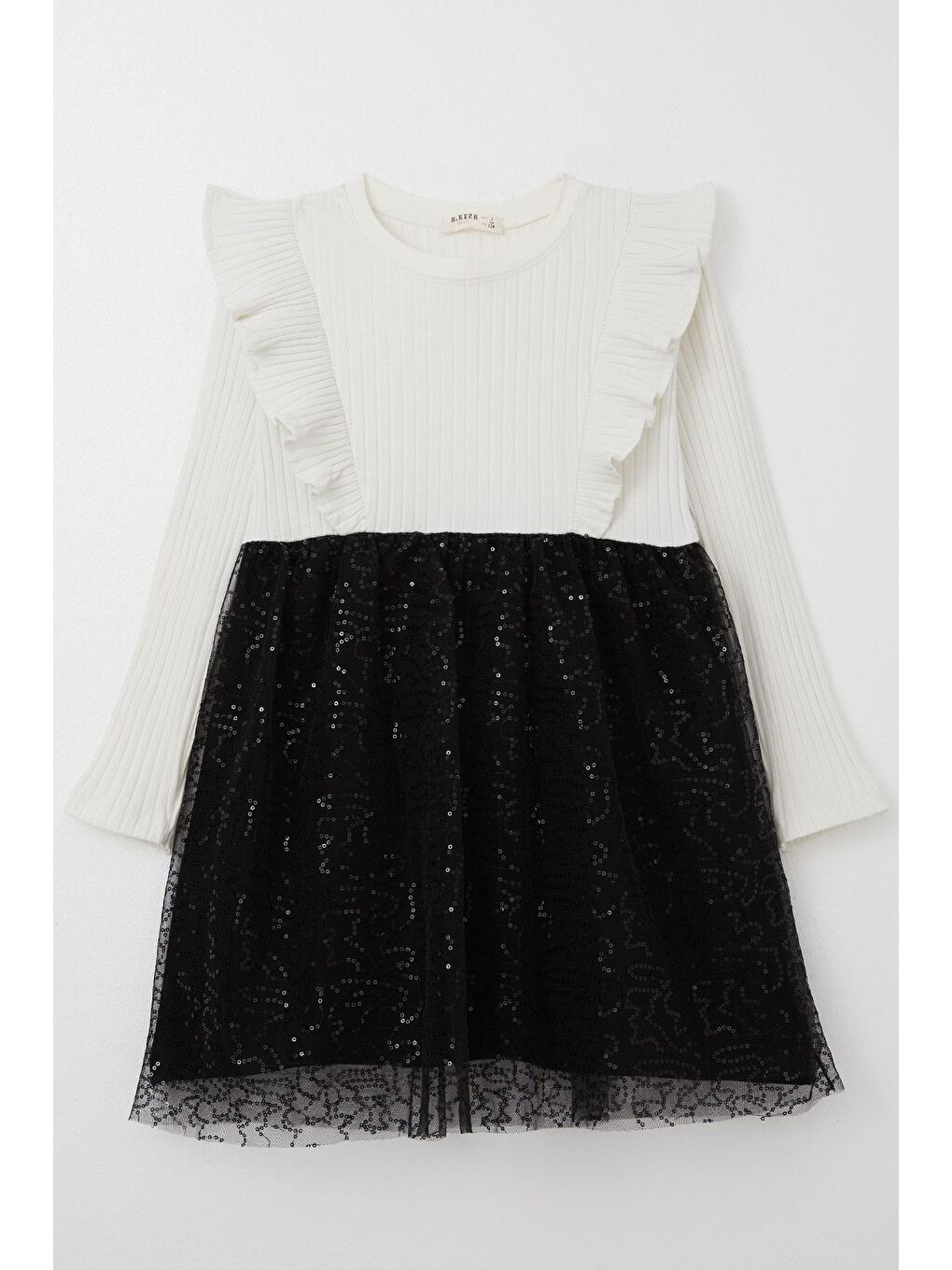 Kız Çocuk Uzun Kollu Elbise Etek Kısmı Pullu Tüllü Ekru (5-9 Yaş)