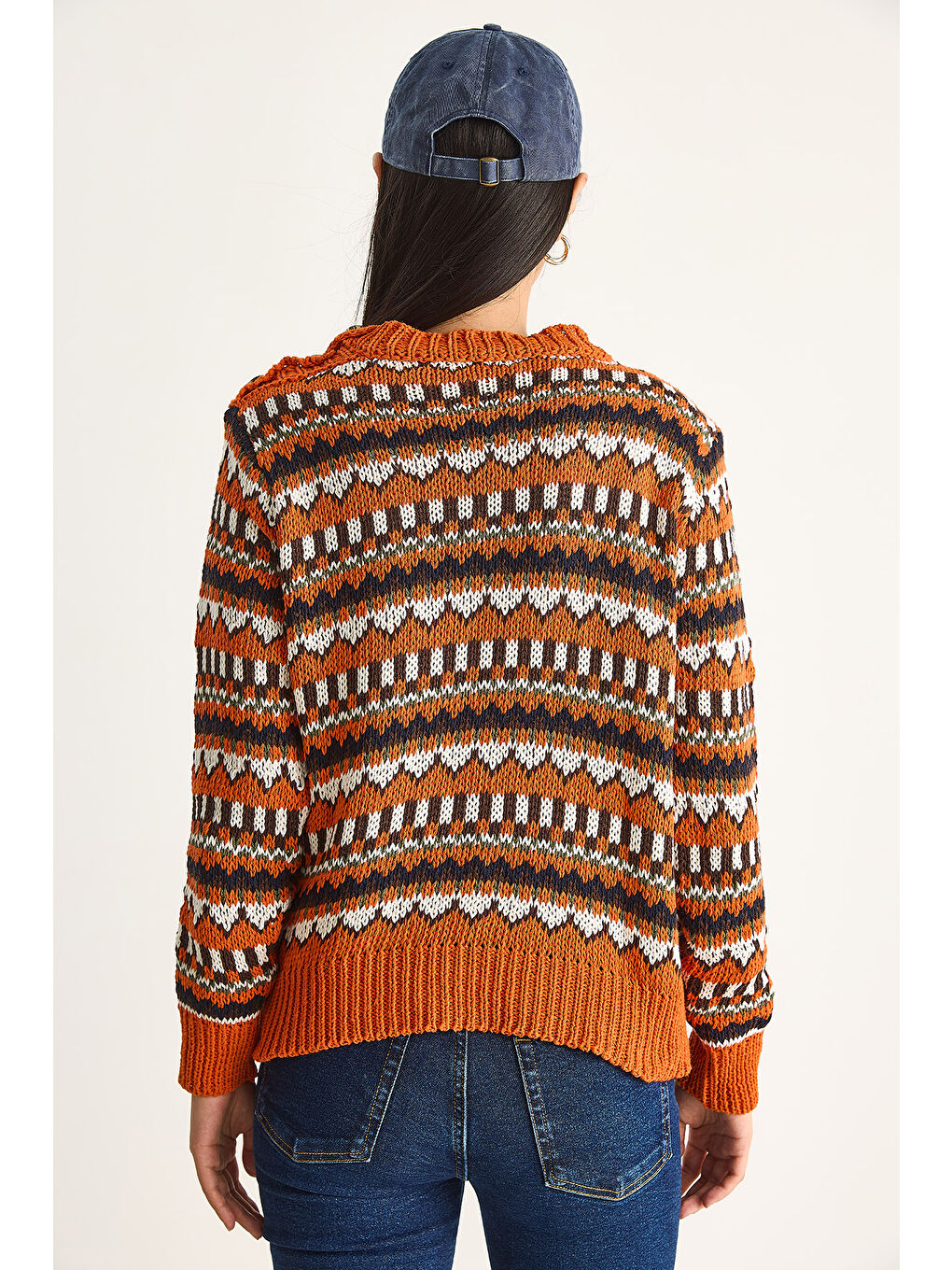 Turuncu Kadın Omuz Patlı Desenli Triko Kazak-6