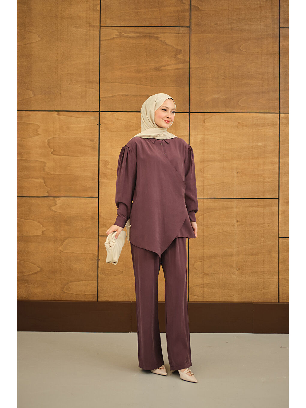 Kadın Gold Düğme Detaylı Pantolonlu Modal Takım Mürdüm-3