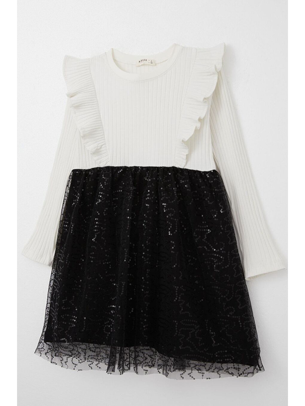 Kız Çocuk Uzun Kollu Elbise Etek Kısmı Pullu Tüllü Ekru (5-9 Yaş)-2