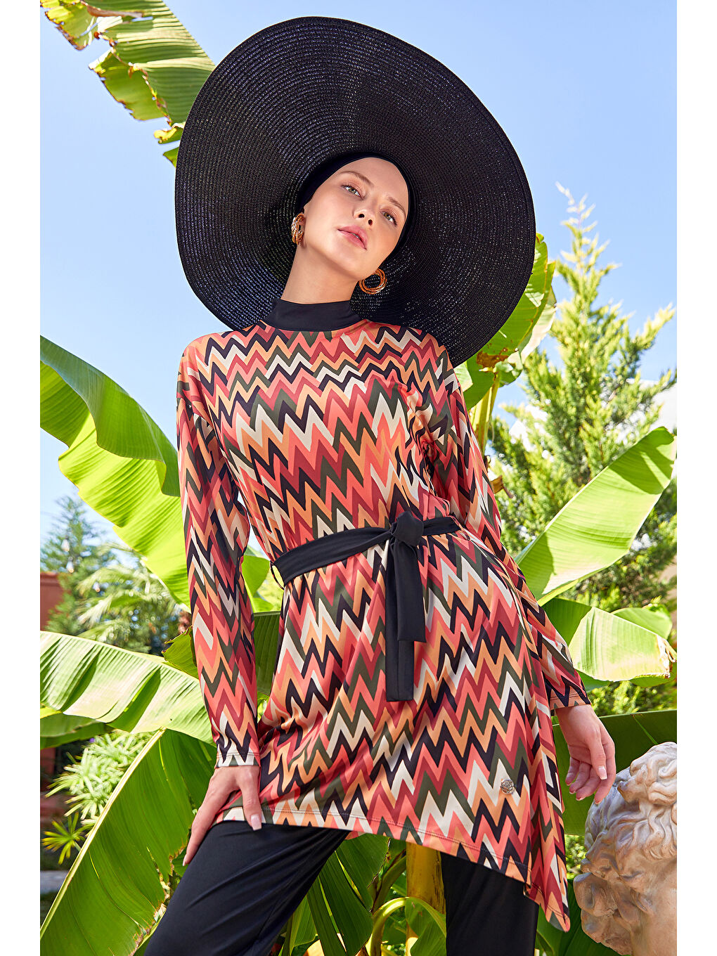 Elastanlı Tam Kapalı Tesettür Mayo Zigzag Desenli 3112 Siyah