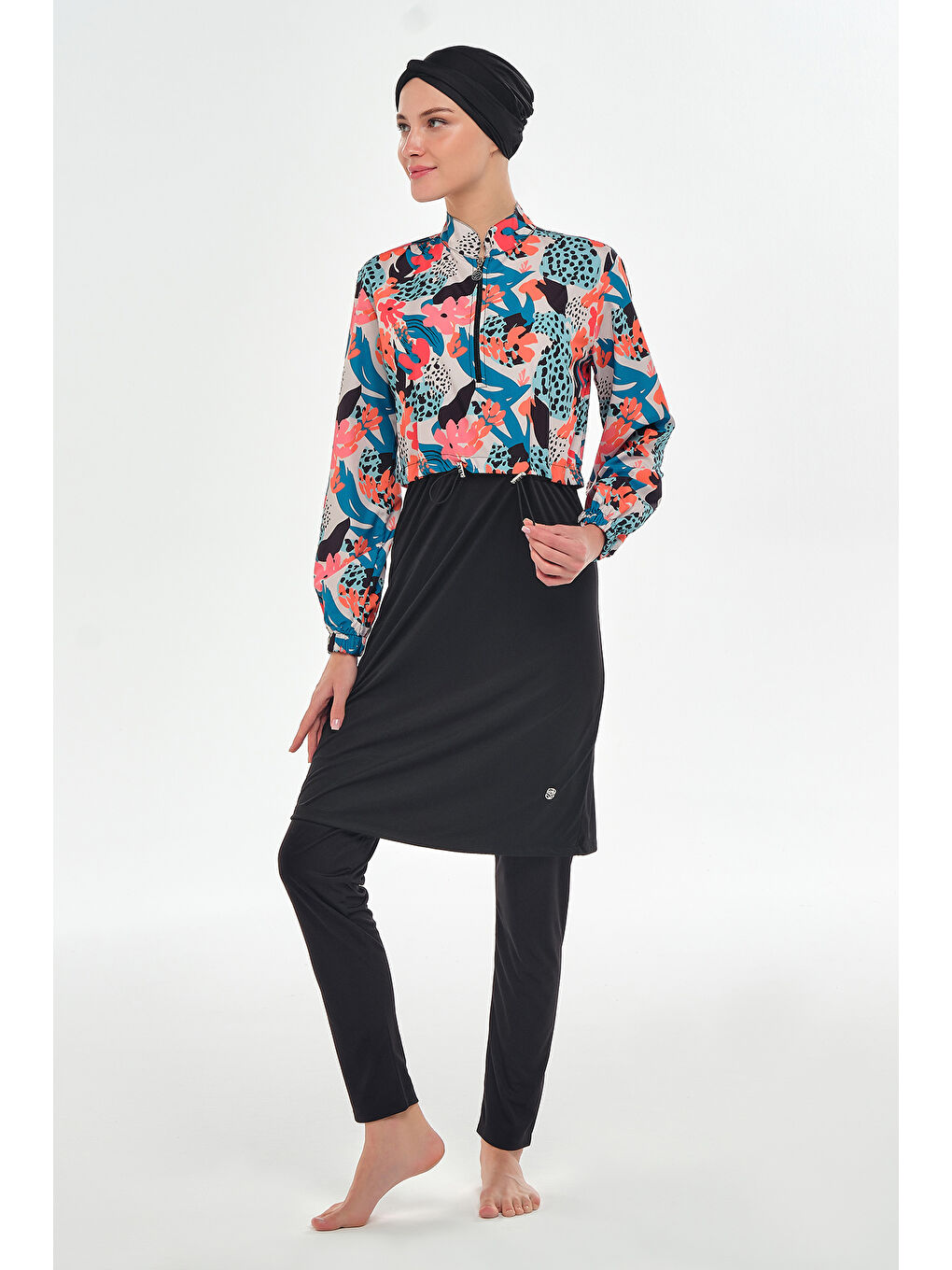 Tam Kapalı Tesettür Mayo Yarım Desenli 3401 Siyah-2