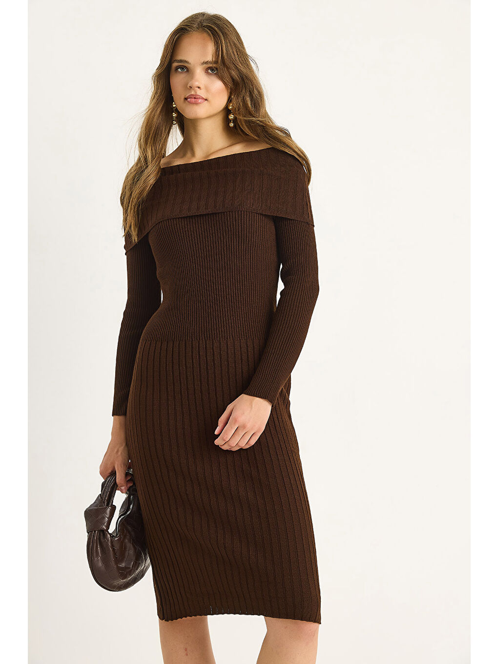 Kahverengi Kadın Fitilli Madonna Yaka Triko Elbise-1