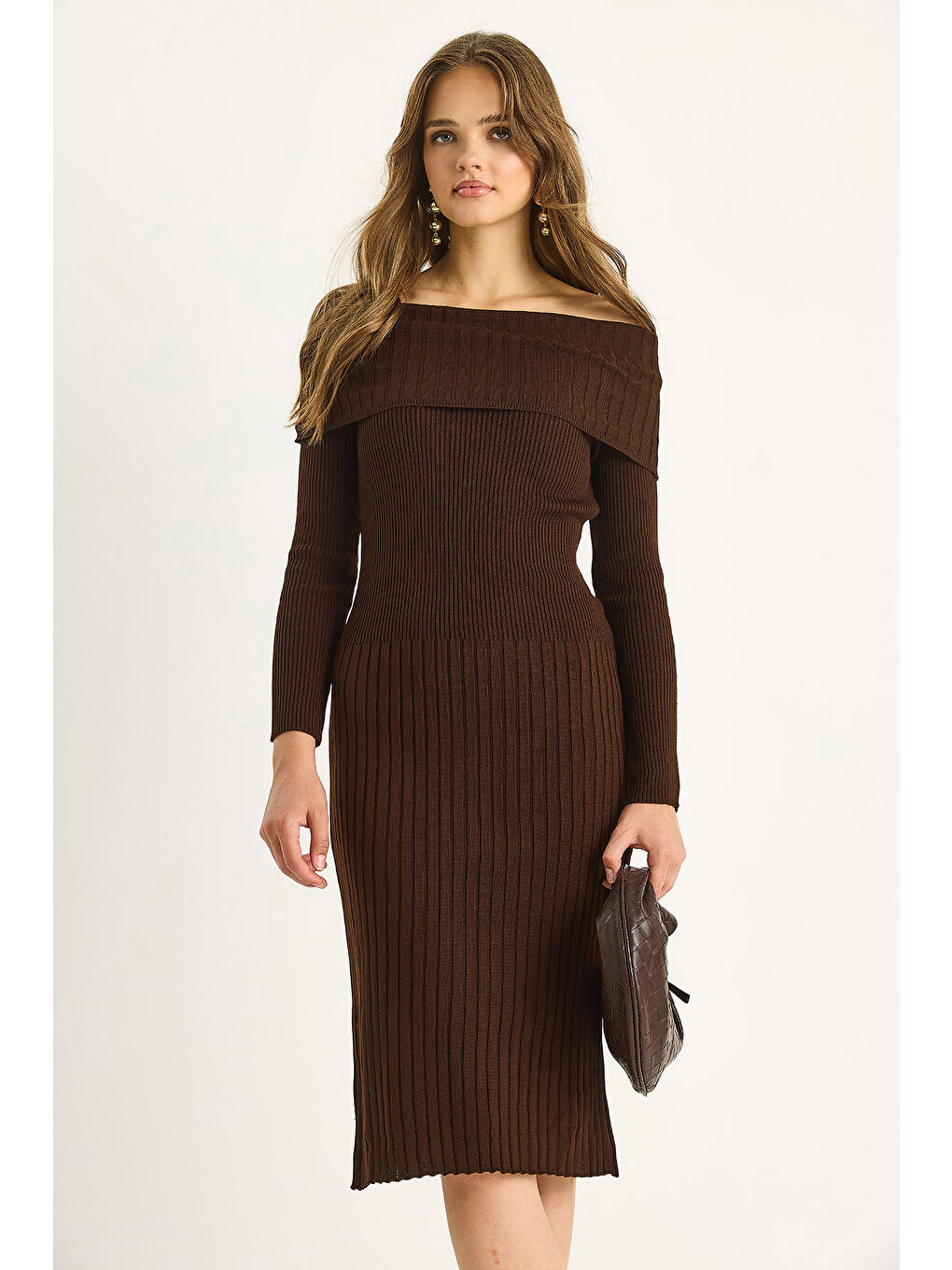 Kahverengi Kadın Fitilli Madonna Yaka Triko Elbise-2