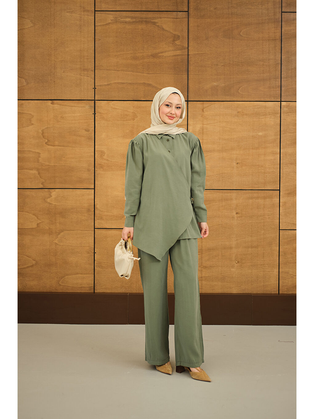 Kadın Gold Düğme Detaylı Pantolonlu Modal Takım Haki Yeşil