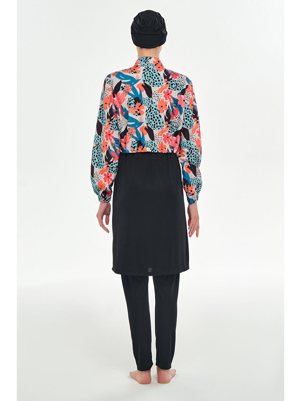 Tam Kapalı Tesettür Mayo Yarım Desenli 3401 Siyah-3
