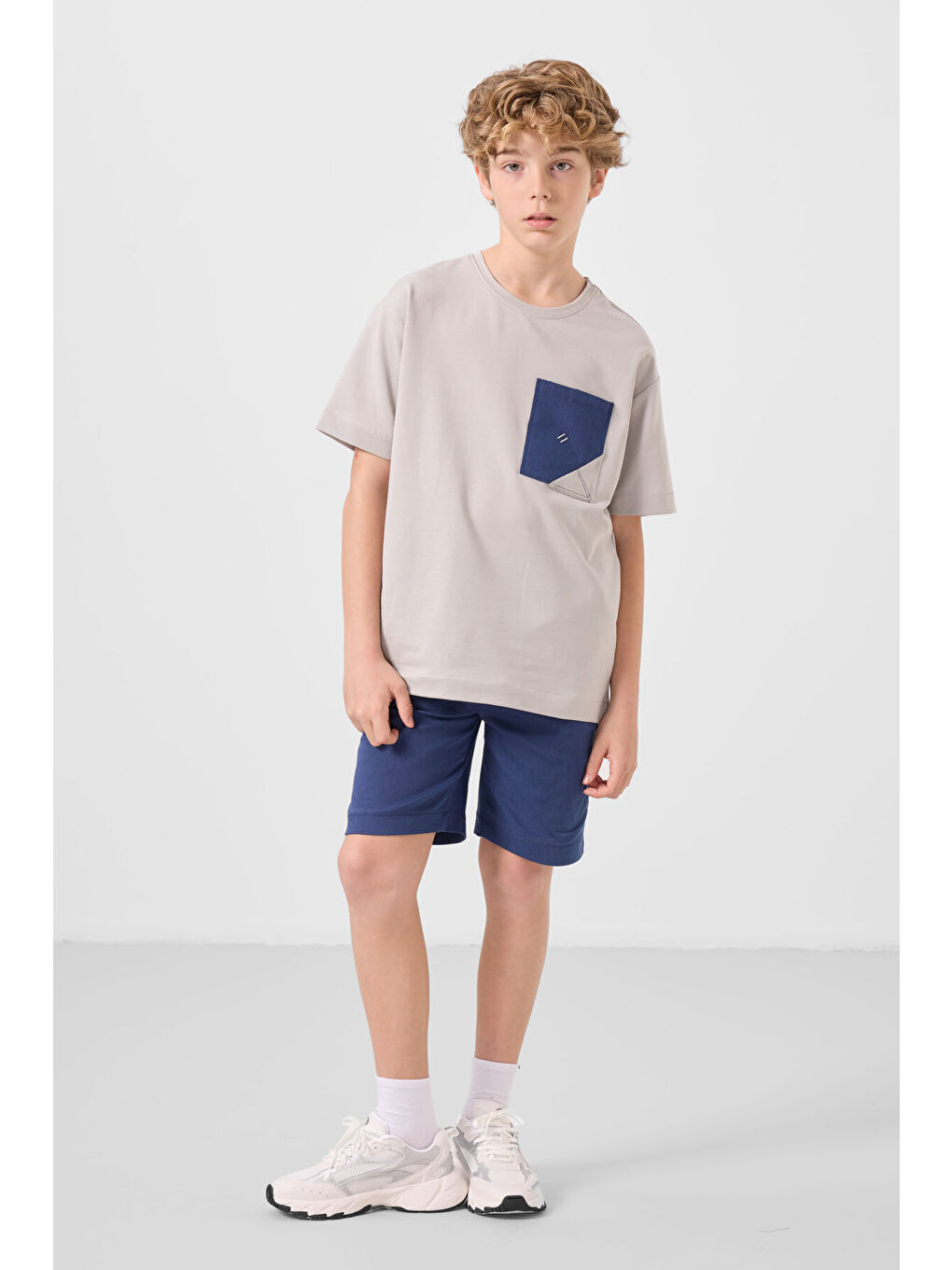 Bej Taş-Parlament Pamuklu Oversize Fit Dokuma Hafif Esnek Chino Erkek Çocuk Şort Takım - 11278-4