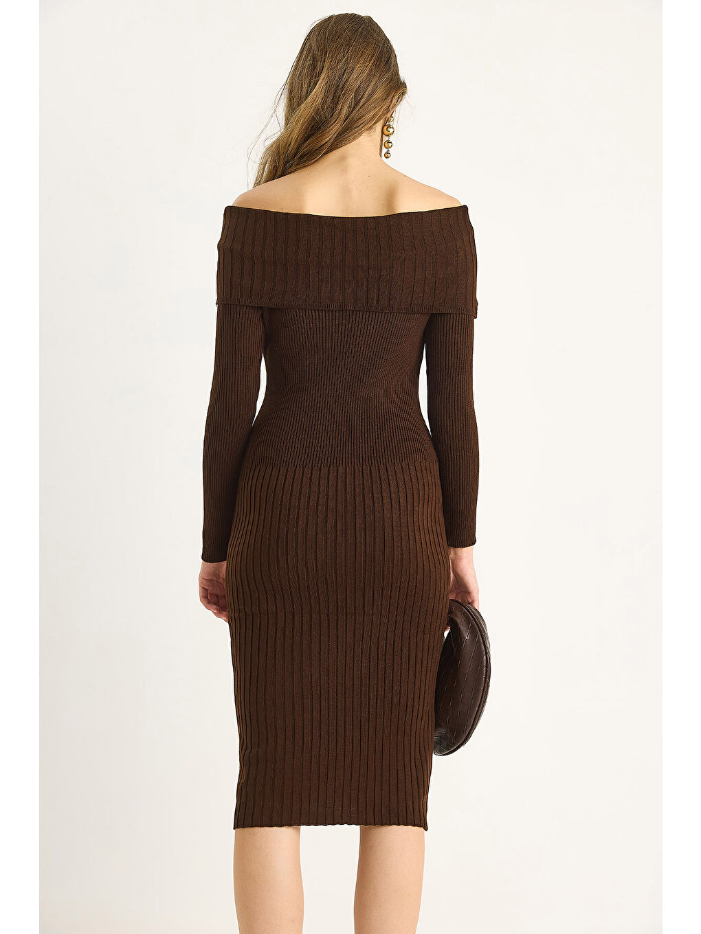 Kahverengi Kadın Fitilli Madonna Yaka Triko Elbise-7