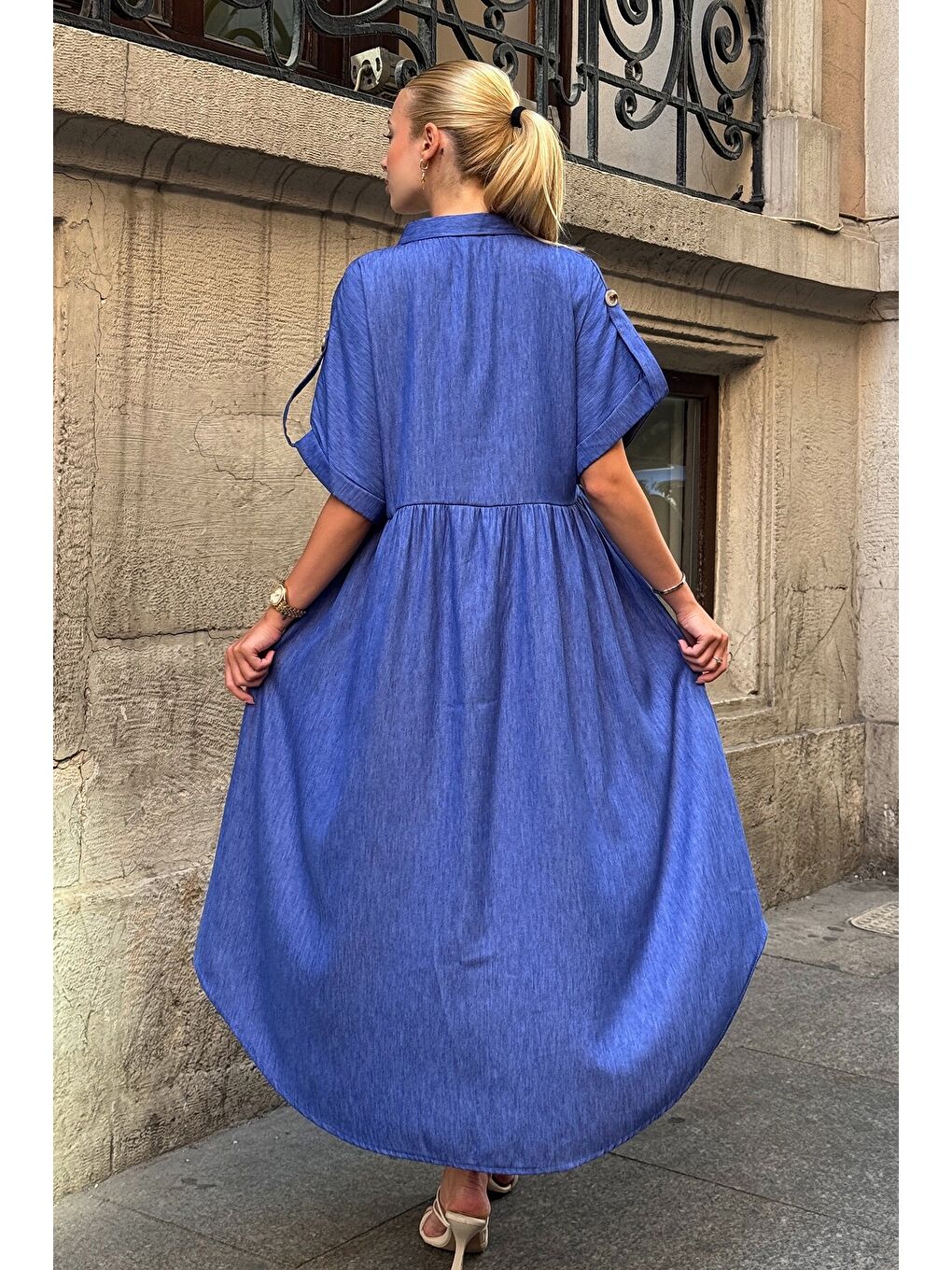 Lacivert Kısa Kollu Düğme Detaylı Midi Boy Gömlek Elbise-3