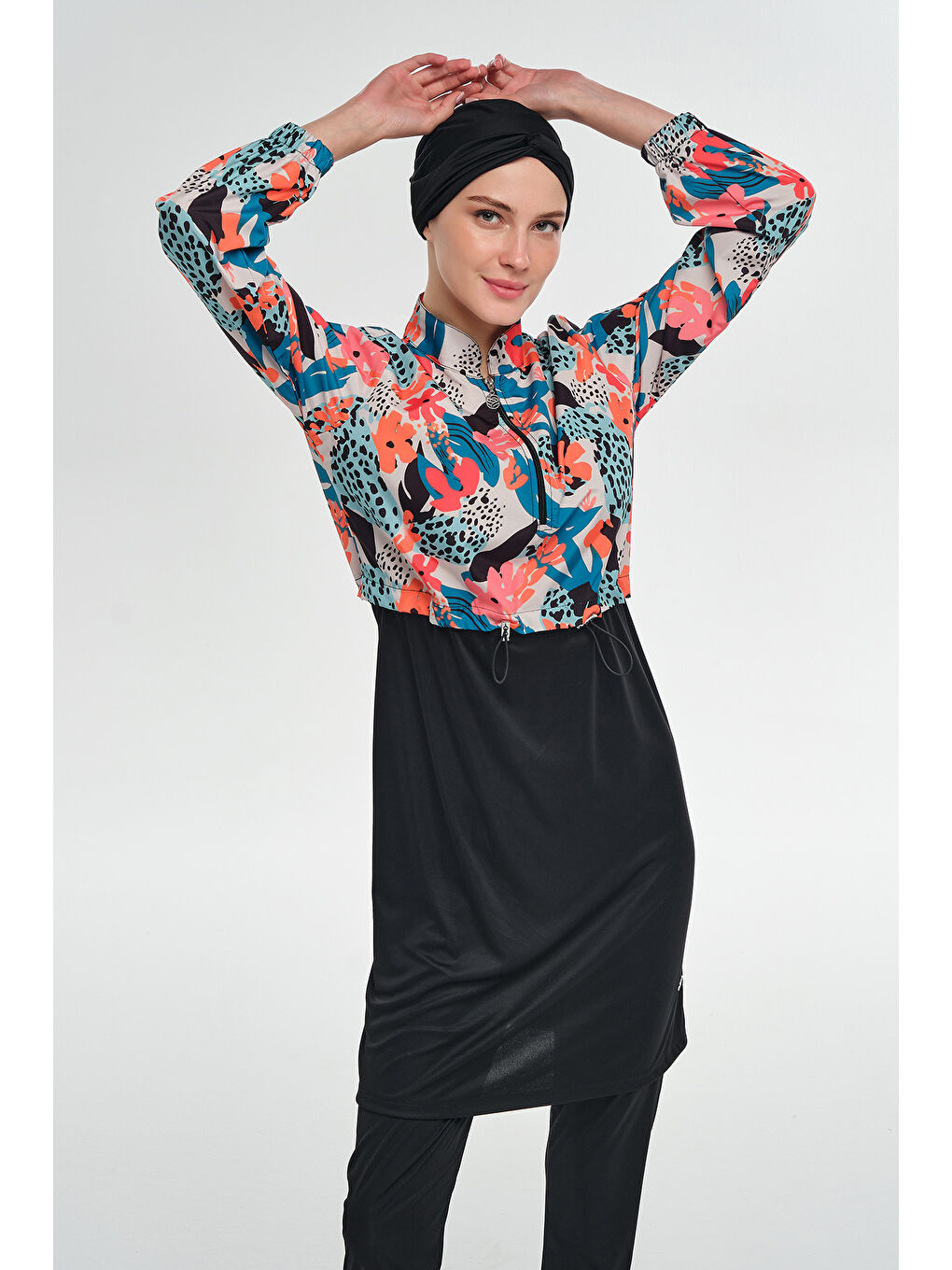 Tam Kapalı Tesettür Mayo Yarım Desenli 3401 Siyah-4