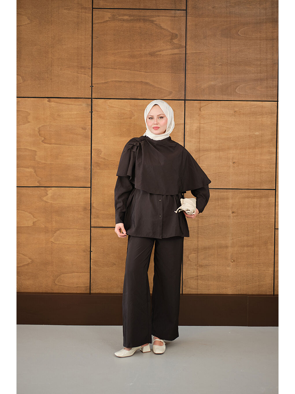 Kadın Şal Detay Bel Bağlamalı Gömlekli Takım Kahverengi-1