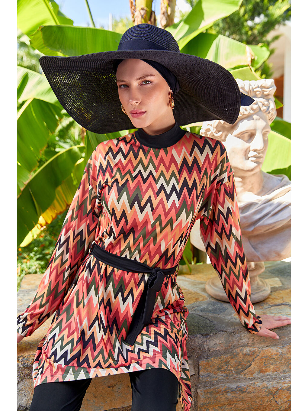 Elastanlı Tam Kapalı Tesettür Mayo Zigzag Desenli 3112 Siyah-1