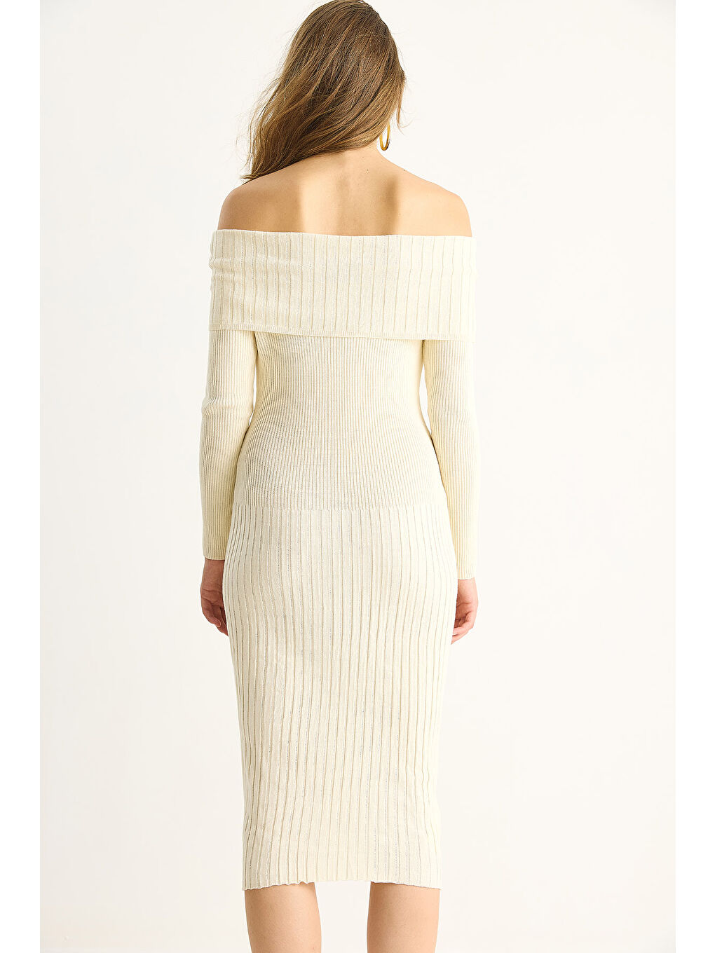 Ekru Kadın Fitilli Madonna Yaka Triko Elbise-6