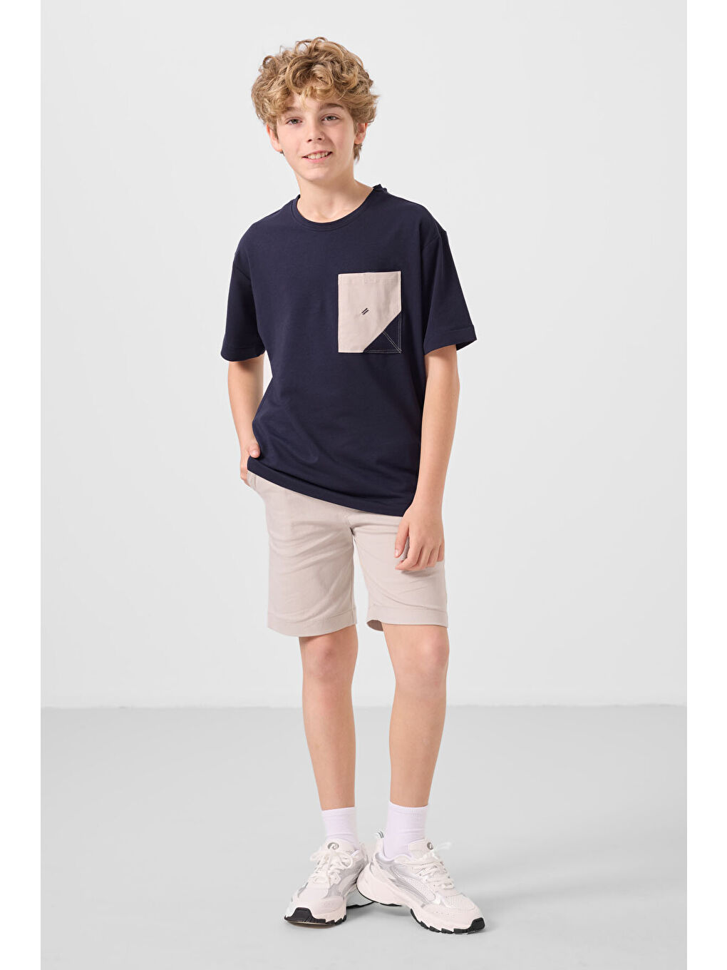 Lacivert-Taş Pamuklu Oversize Fit Dokuma Hafif Esnek Chino Erkek Çocuk Şort Takım - 11278