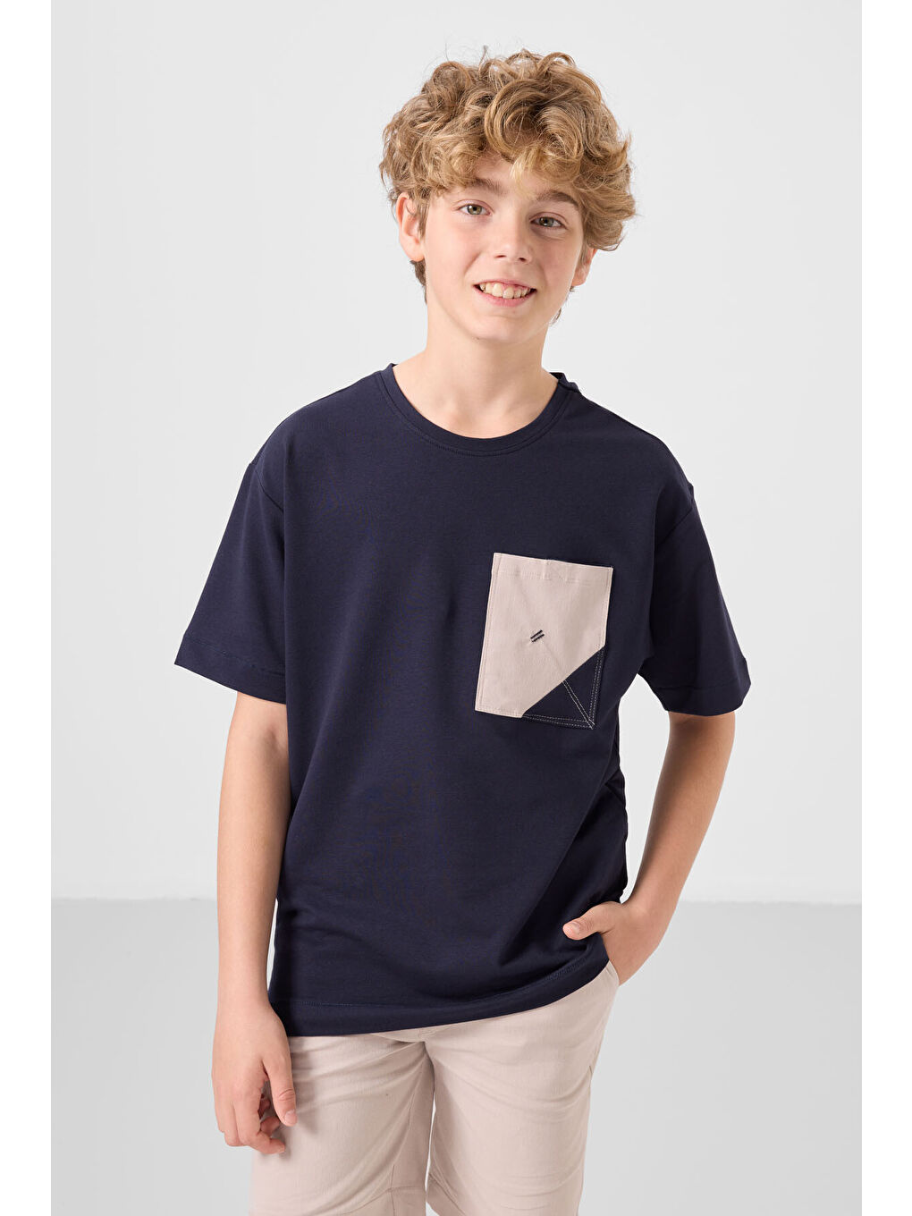 Lacivert-Taş Pamuklu Oversize Fit Dokuma Hafif Esnek Chino Erkek Çocuk Şort Takım - 11278-1