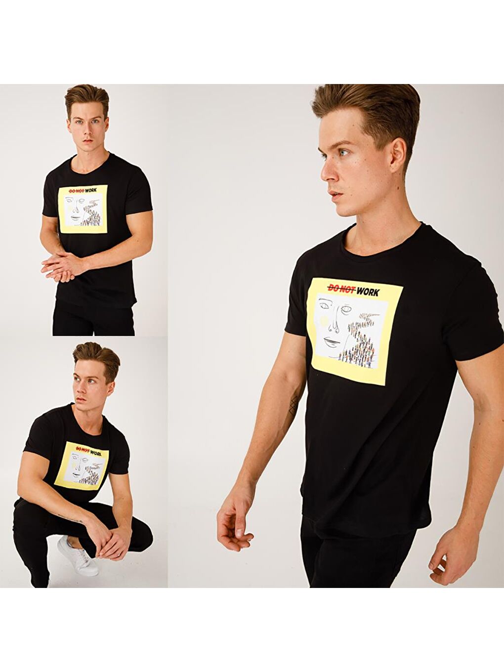 Siyah Faces Do not Work Erkek T-Shirt-5