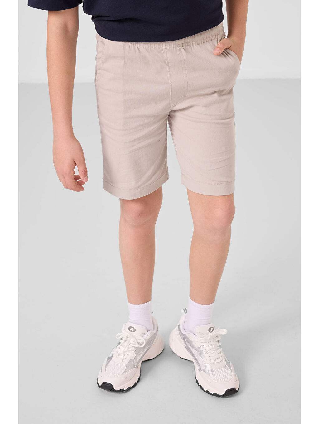 Lacivert-Taş Pamuklu Oversize Fit Dokuma Hafif Esnek Chino Erkek Çocuk Şort Takım - 11278-2