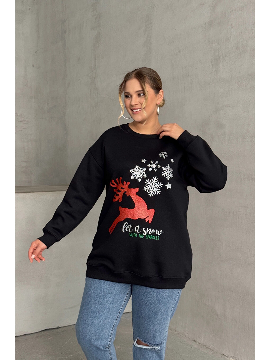 Stil Diva Siyah Büyük Beden Yılbaşı Temalı Bisiklet Yaka Uzun Kollu Sweatshirt 303818