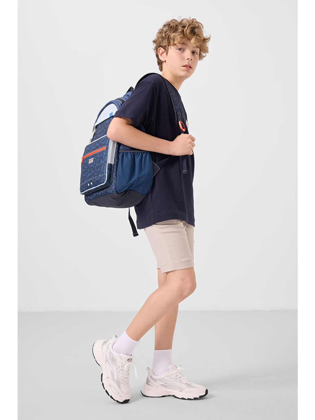 Lacivert-Taş Pamuklu Oversize Fit Dokuma Hafif Esnek Chino Erkek Çocuk Şort Takım - 11278-4