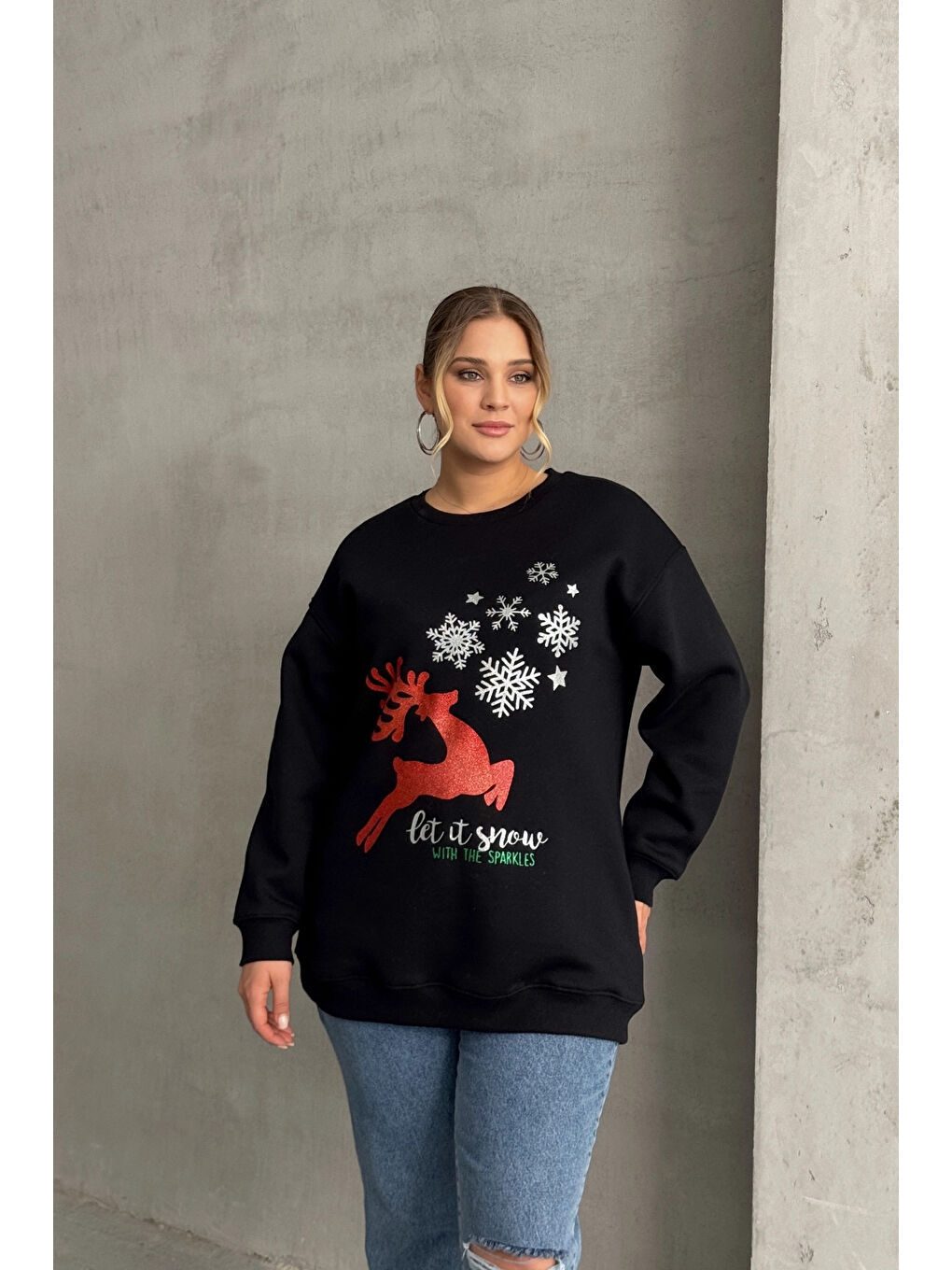 Stil Diva Siyah Büyük Beden Yılbaşı Temalı Bisiklet Yaka Uzun Kollu Sweatshirt 303818 - 1