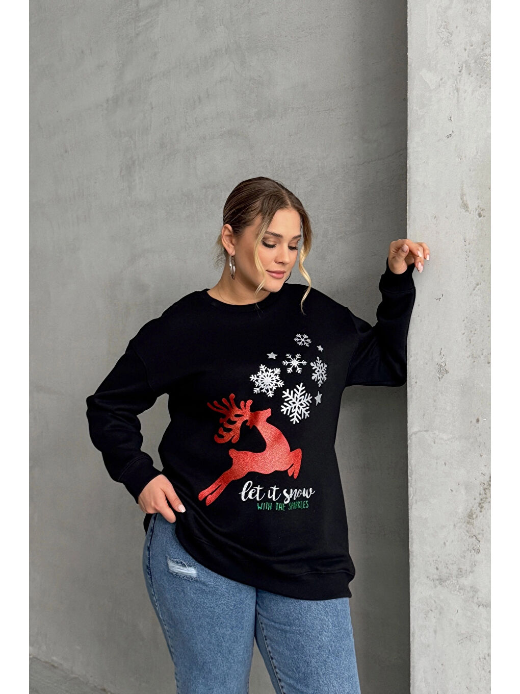 Stil Diva Siyah Büyük Beden Yılbaşı Temalı Bisiklet Yaka Uzun Kollu Sweatshirt 303818 - 3