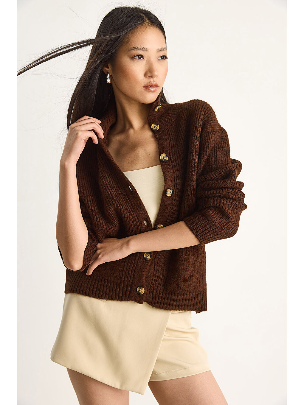 Kahverengi Kadın Selanik Örgü Cepli Triko Hırka-1