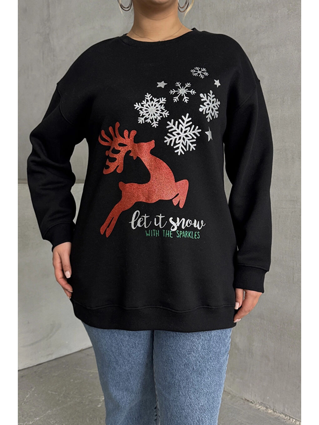 Stil Diva Siyah Büyük Beden Yılbaşı Temalı Bisiklet Yaka Uzun Kollu Sweatshirt 303818 - 4