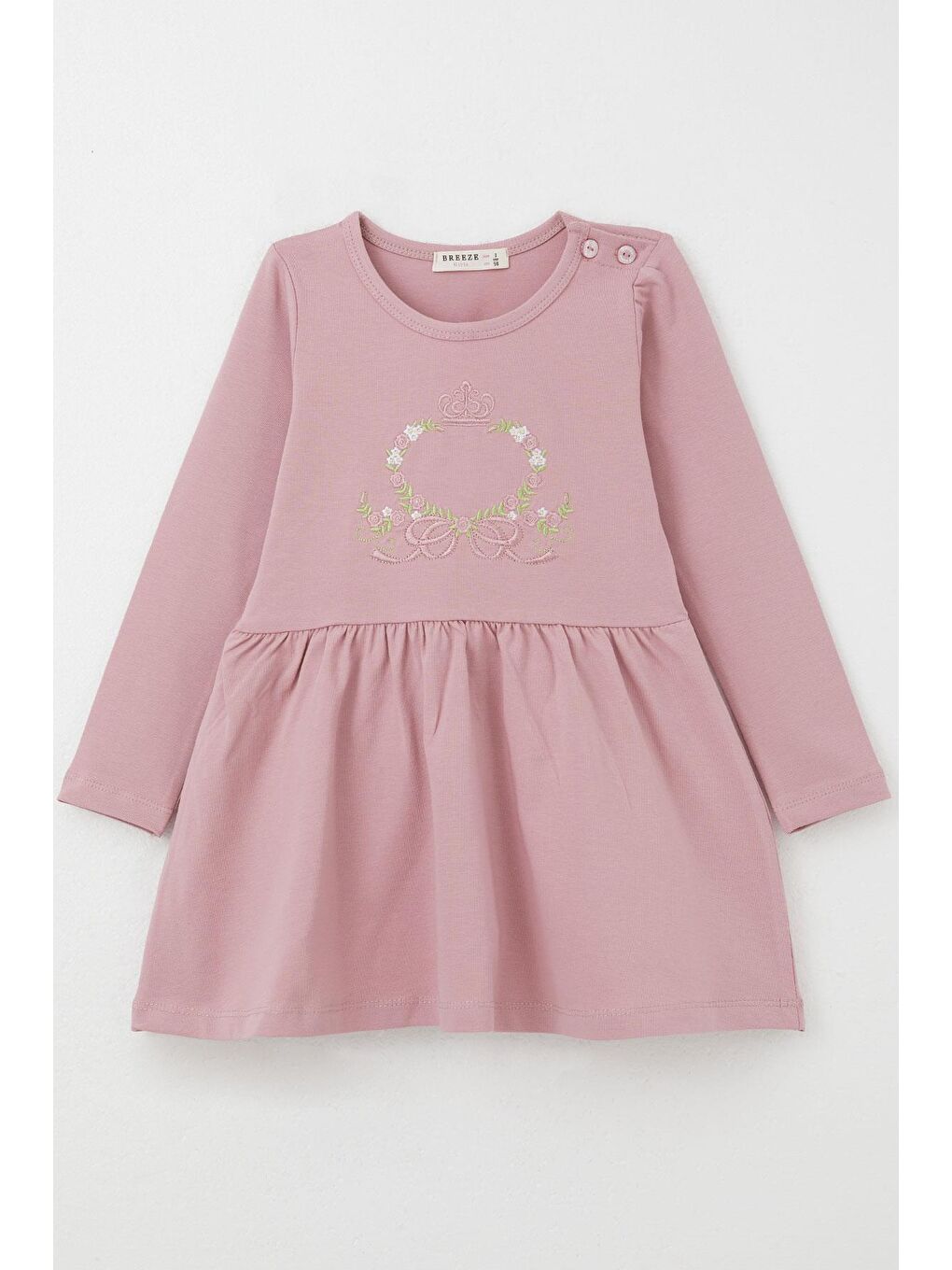 Pembe Kız Çocuk Uzun Kollu Elbise Renkli Çiçek Nakışlı Gülkurusu (1.5-5 Yaş)