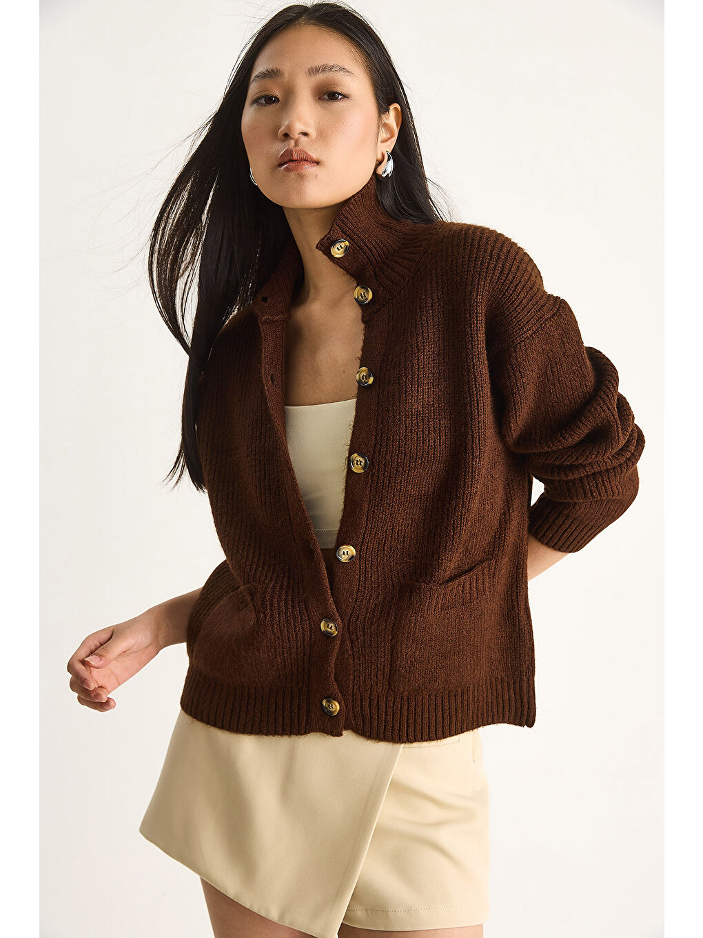 Kahverengi Kadın Selanik Örgü Cepli Triko Hırka-2