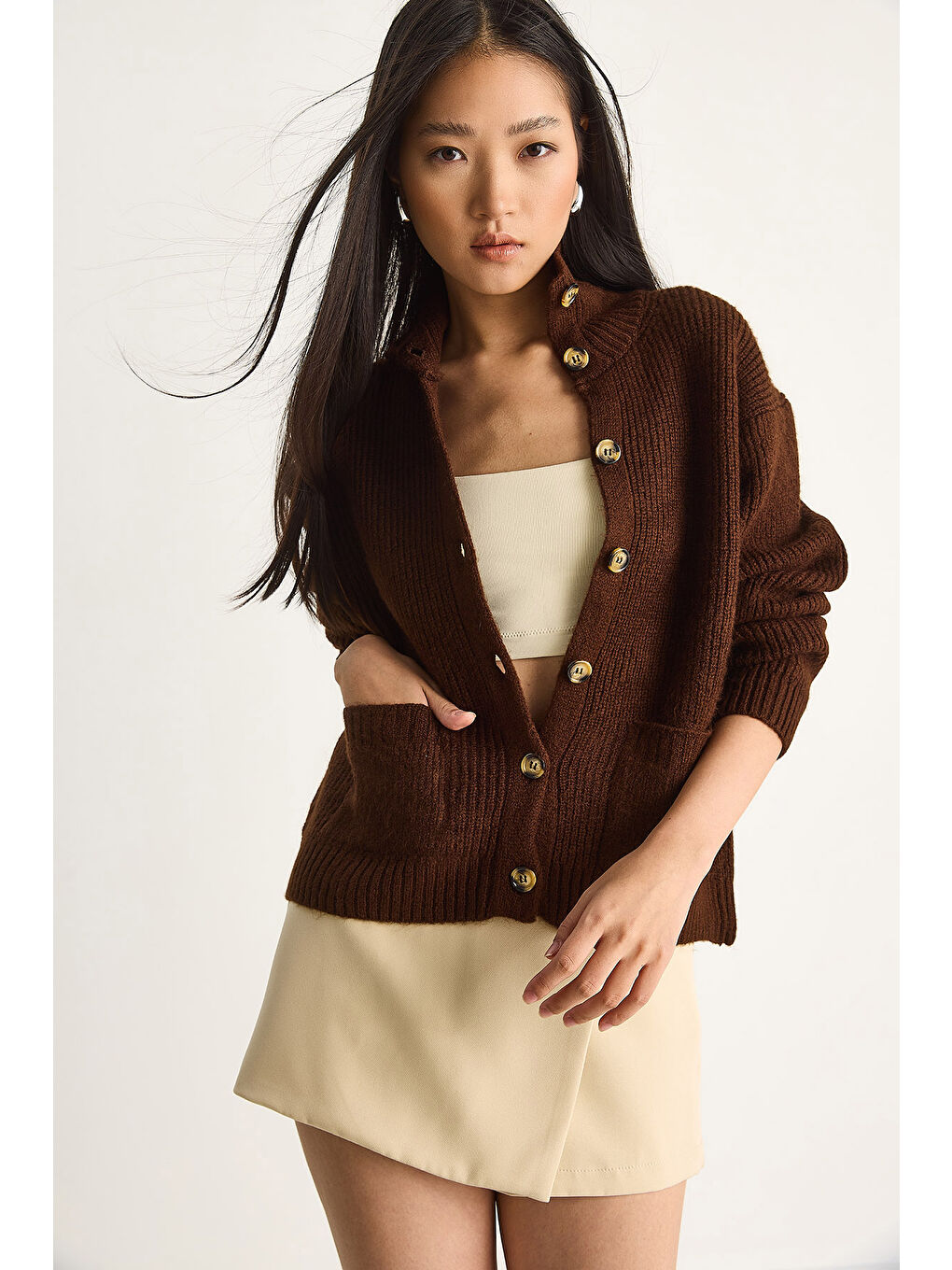 Kahverengi Kadın Selanik Örgü Cepli Triko Hırka-3