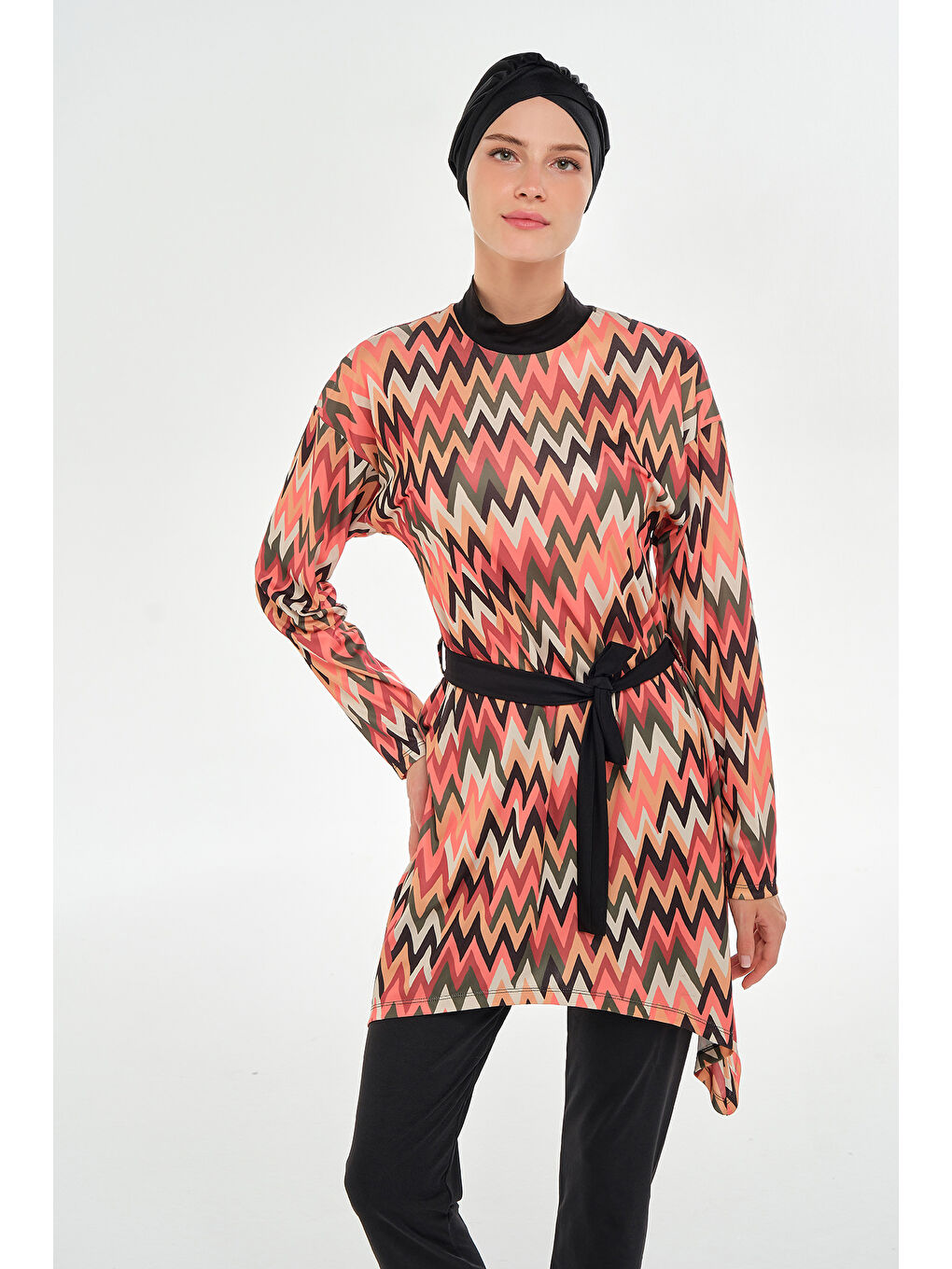 Elastanlı Tam Kapalı Tesettür Mayo Zigzag Desenli 3112 Siyah-2