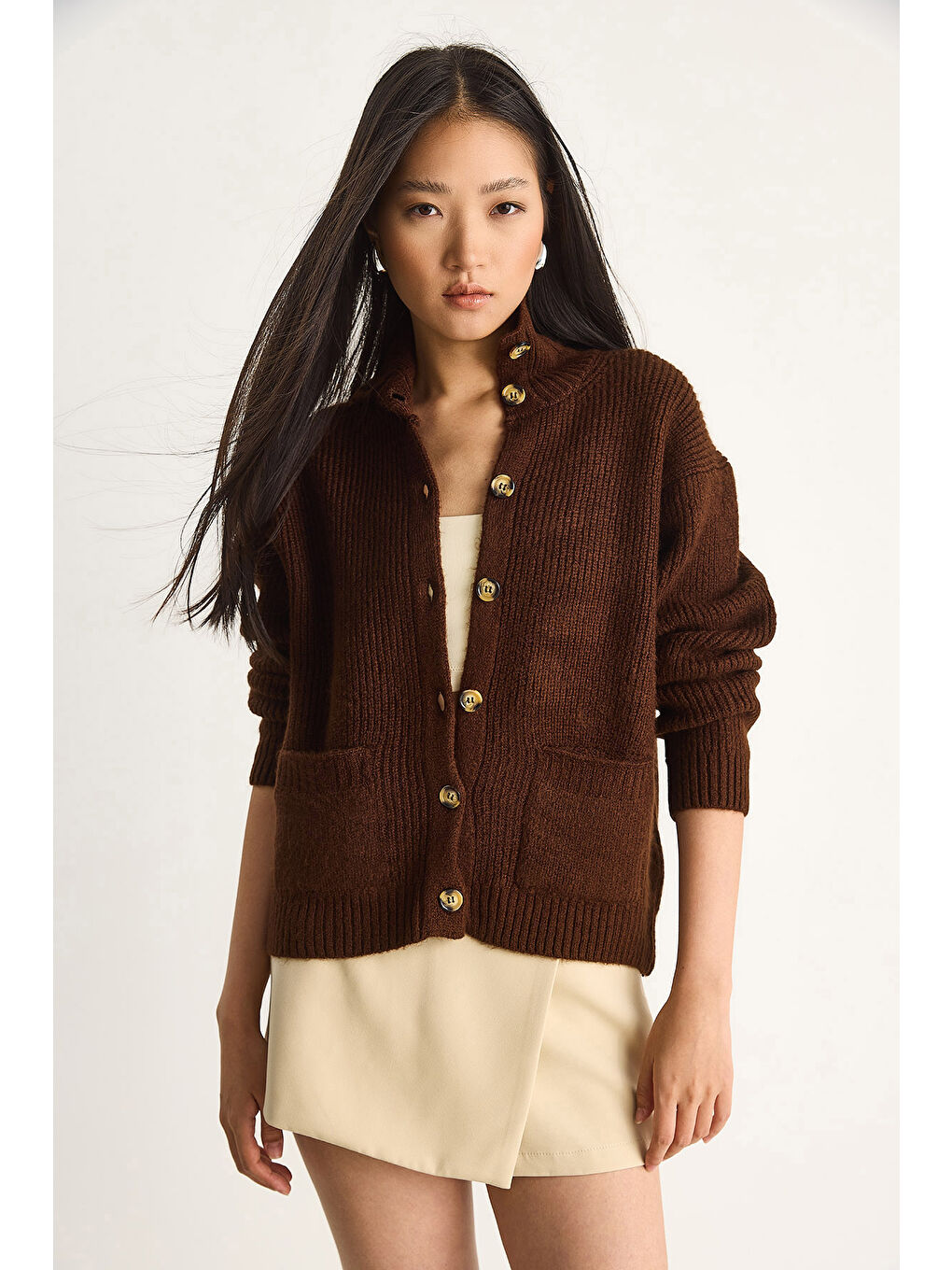 Kahverengi Kadın Selanik Örgü Cepli Triko Hırka-4