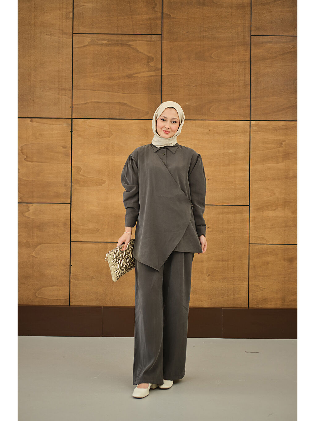Kadın Gold Düğme Detaylı Pantolonlu Modal Takım Antrasit-2