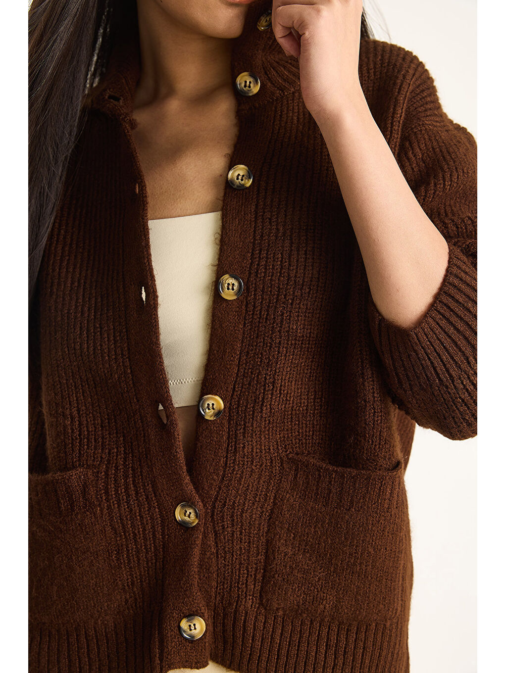 Kahverengi Kadın Selanik Örgü Cepli Triko Hırka-5