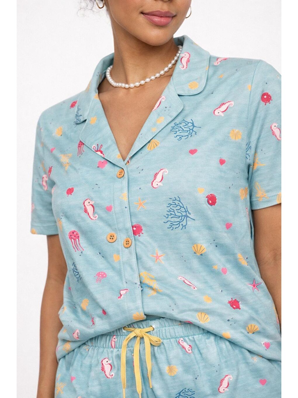 Kadın Sea La Vie Denizaltı Desenli Düğmeli Pijama Takımı Mavi-2