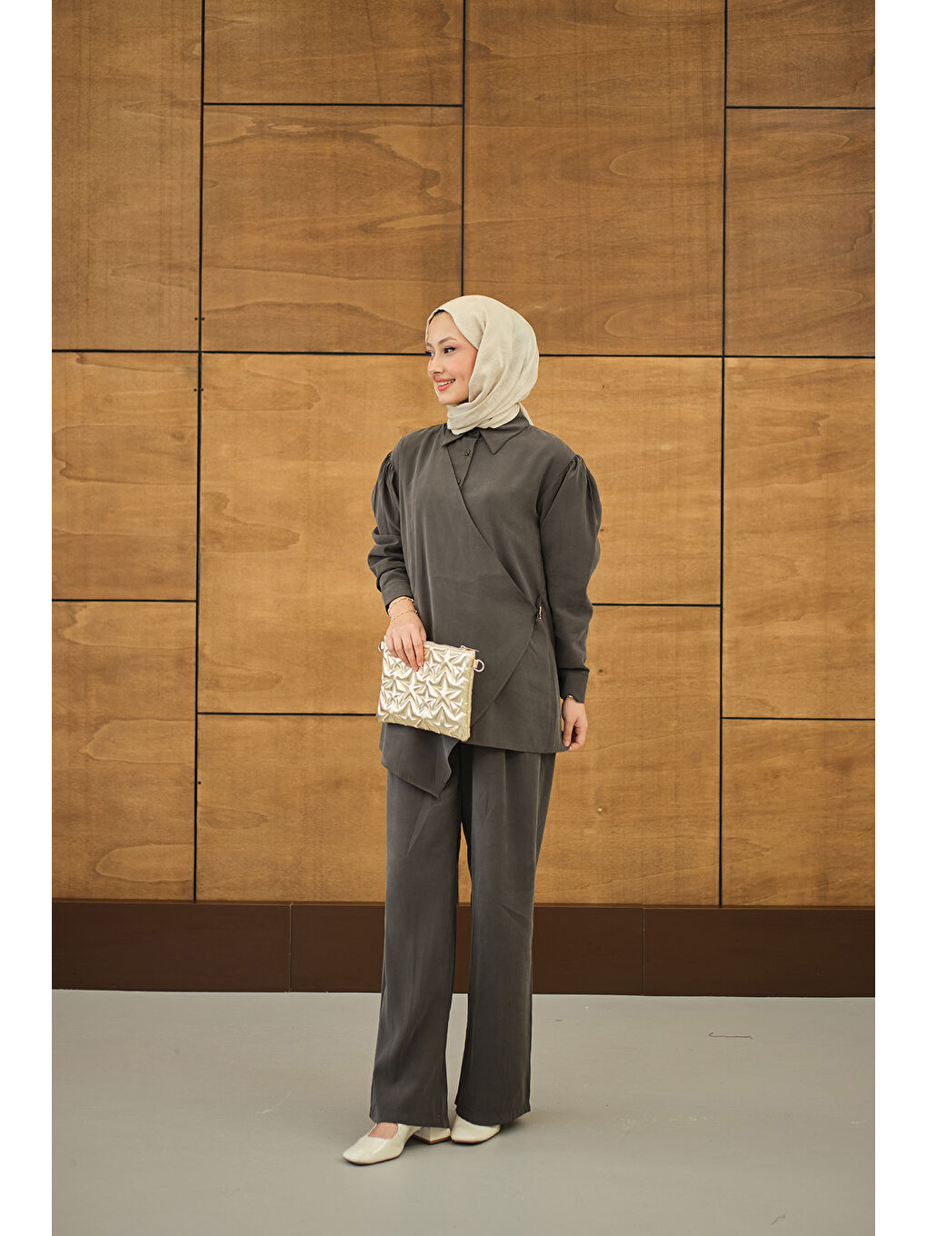 Kadın Gold Düğme Detaylı Pantolonlu Modal Takım Antrasit-3