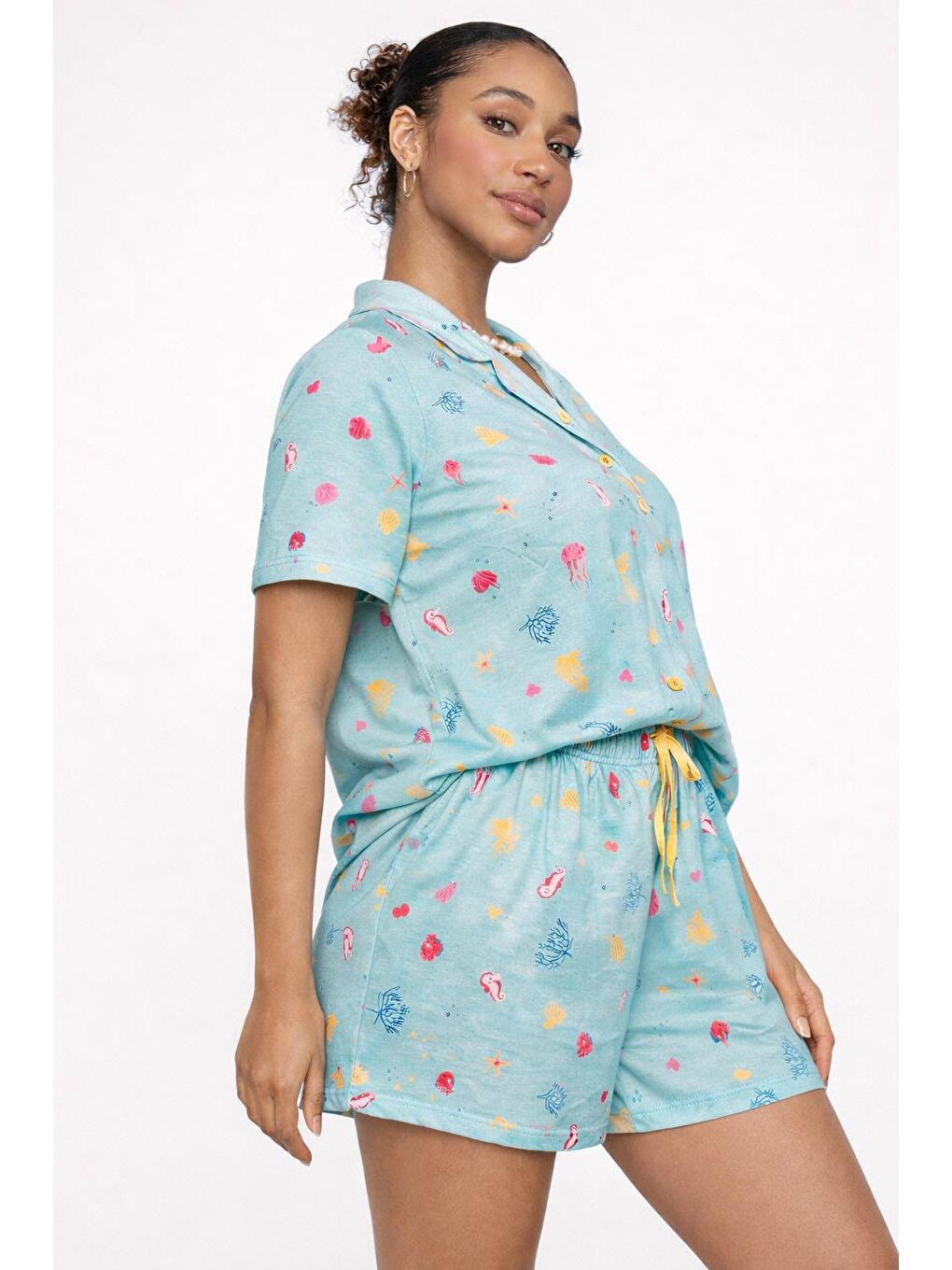 Kadın Sea La Vie Denizaltı Desenli Düğmeli Pijama Takımı Mavi-3