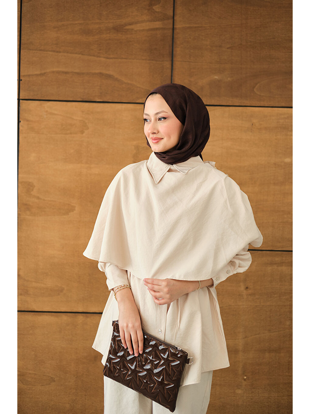 Ekru Kadın Şal Detay Bel Bağlamalı Gömlekli Takım Krem-1