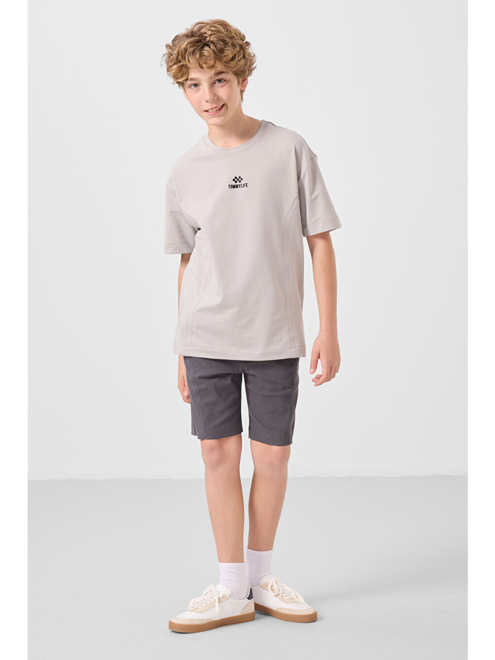 Bej Taş-Antrasit Pamuklu Oversize Fit Dokuma Hafif Esnek Chino Erkek Çocuk Şort Takım - 11276