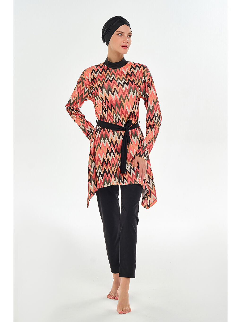 Elastanlı Tam Kapalı Tesettür Mayo Zigzag Desenli 3112 Siyah-3