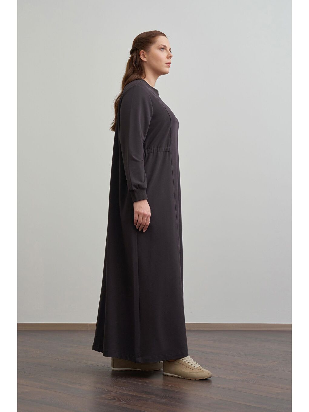 Kahverengi Acı Kahve-Pamuklu Fermuarlı Uzun Ferace-1