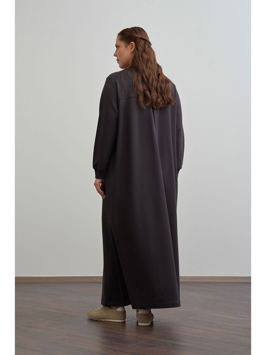 Kahverengi Acı Kahve-Pamuklu Fermuarlı Uzun Ferace-2