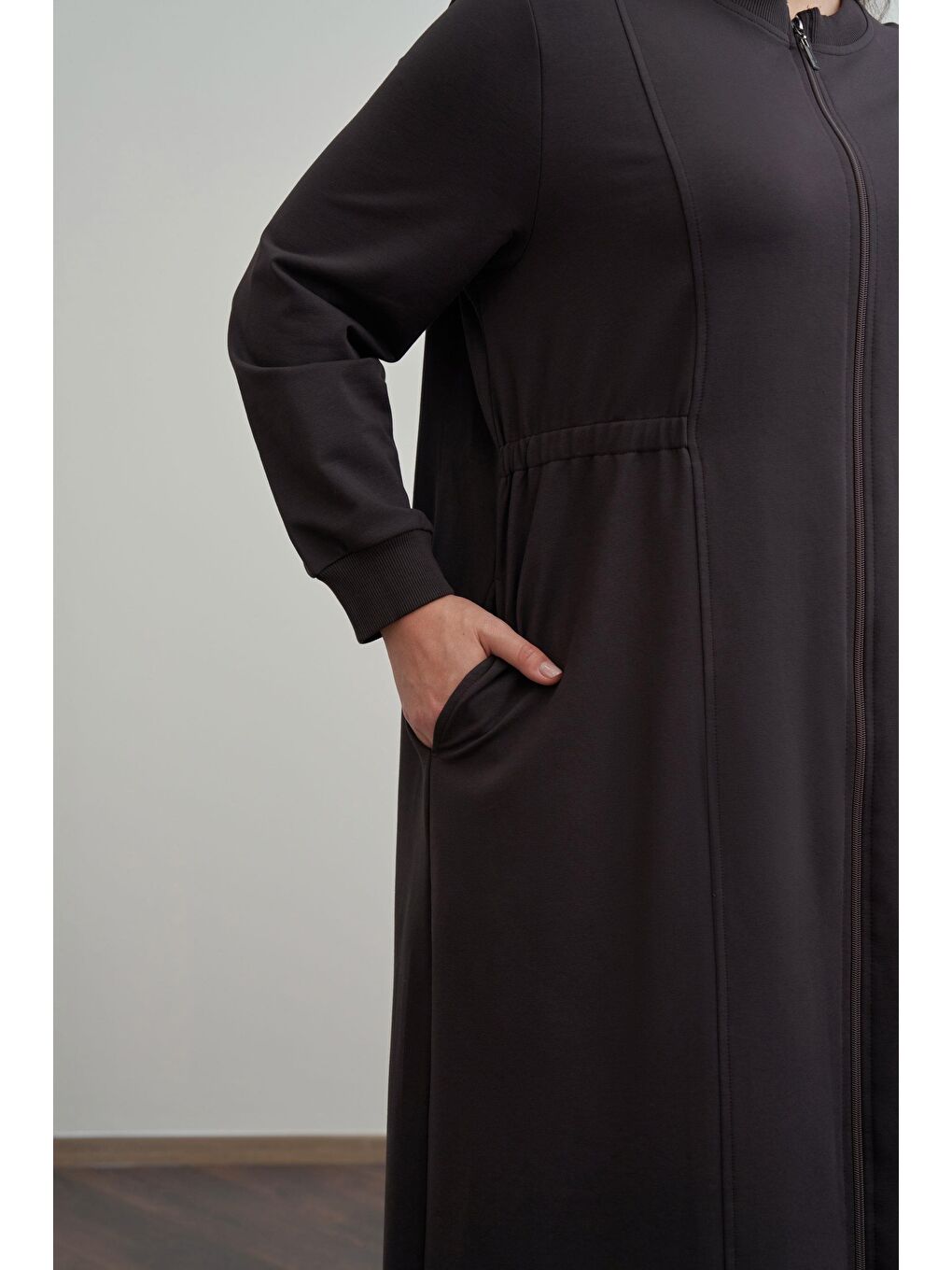 Kahverengi Acı Kahve-Pamuklu Fermuarlı Uzun Ferace-3