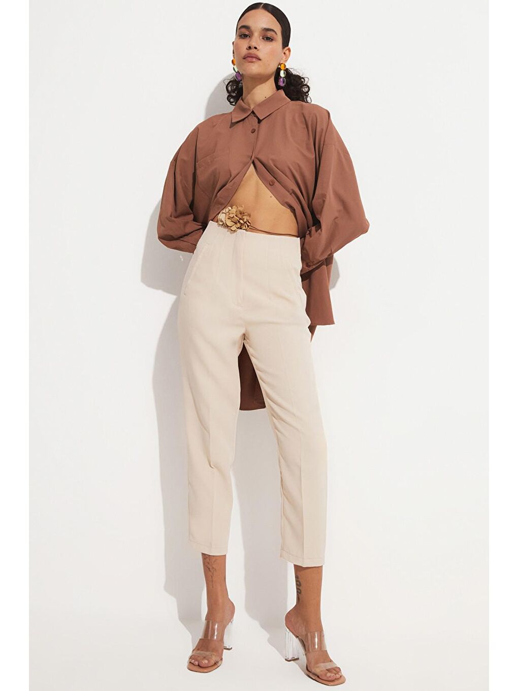 Bej Pensli Cep Detaylı Pantolon-1