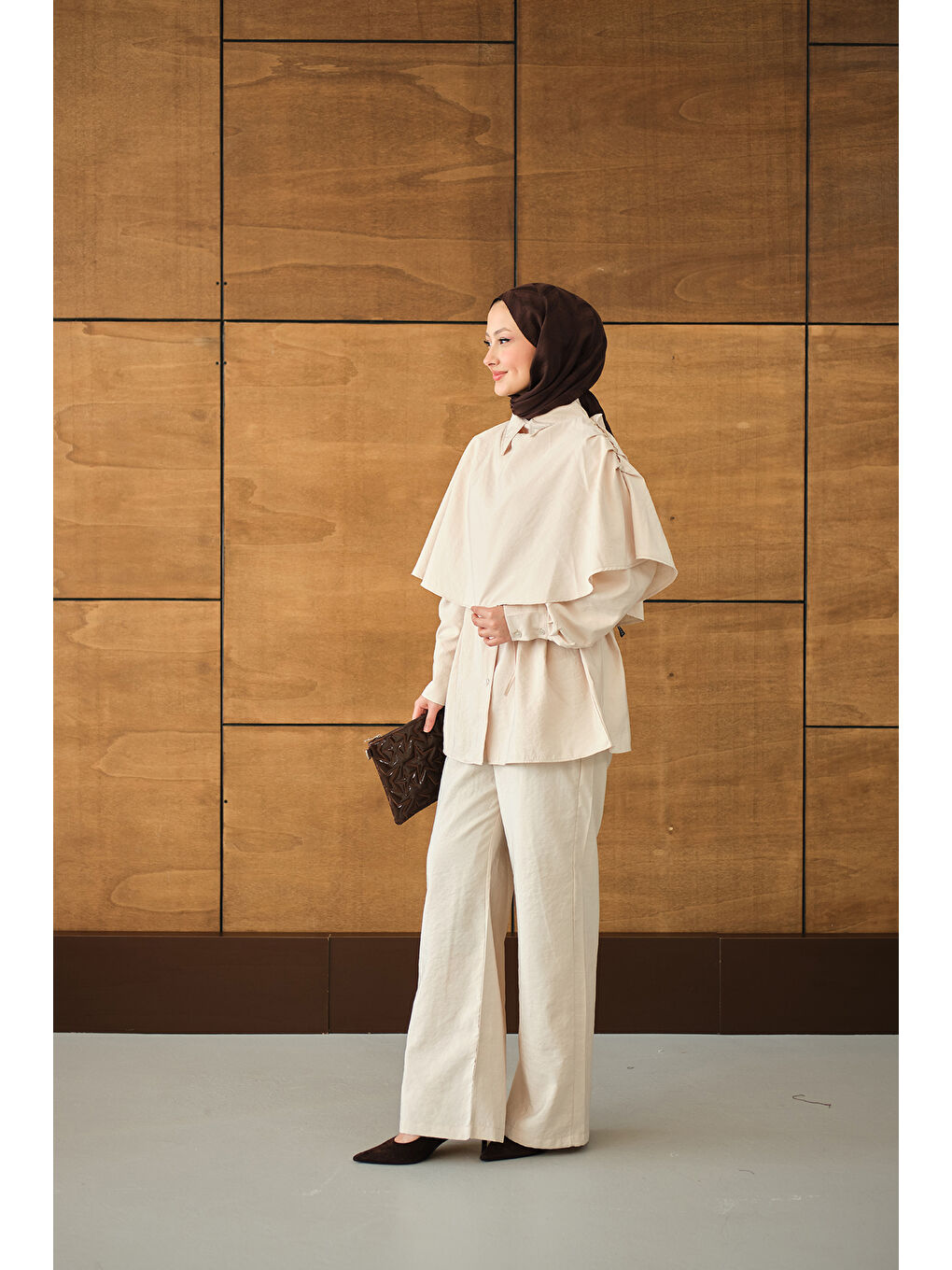 Ekru Kadın Şal Detay Bel Bağlamalı Gömlekli Takım Krem-3